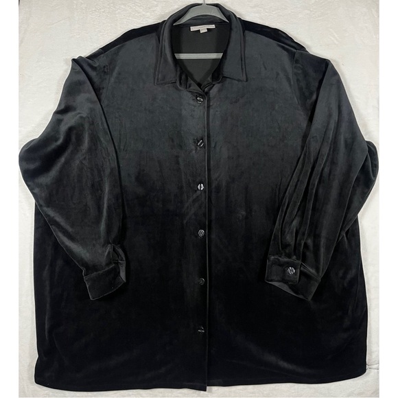 Woman Within Black Velvet Velour Button Up Shirt Blouse Top Shacket 2X 26/28 - Picture 1 of 6